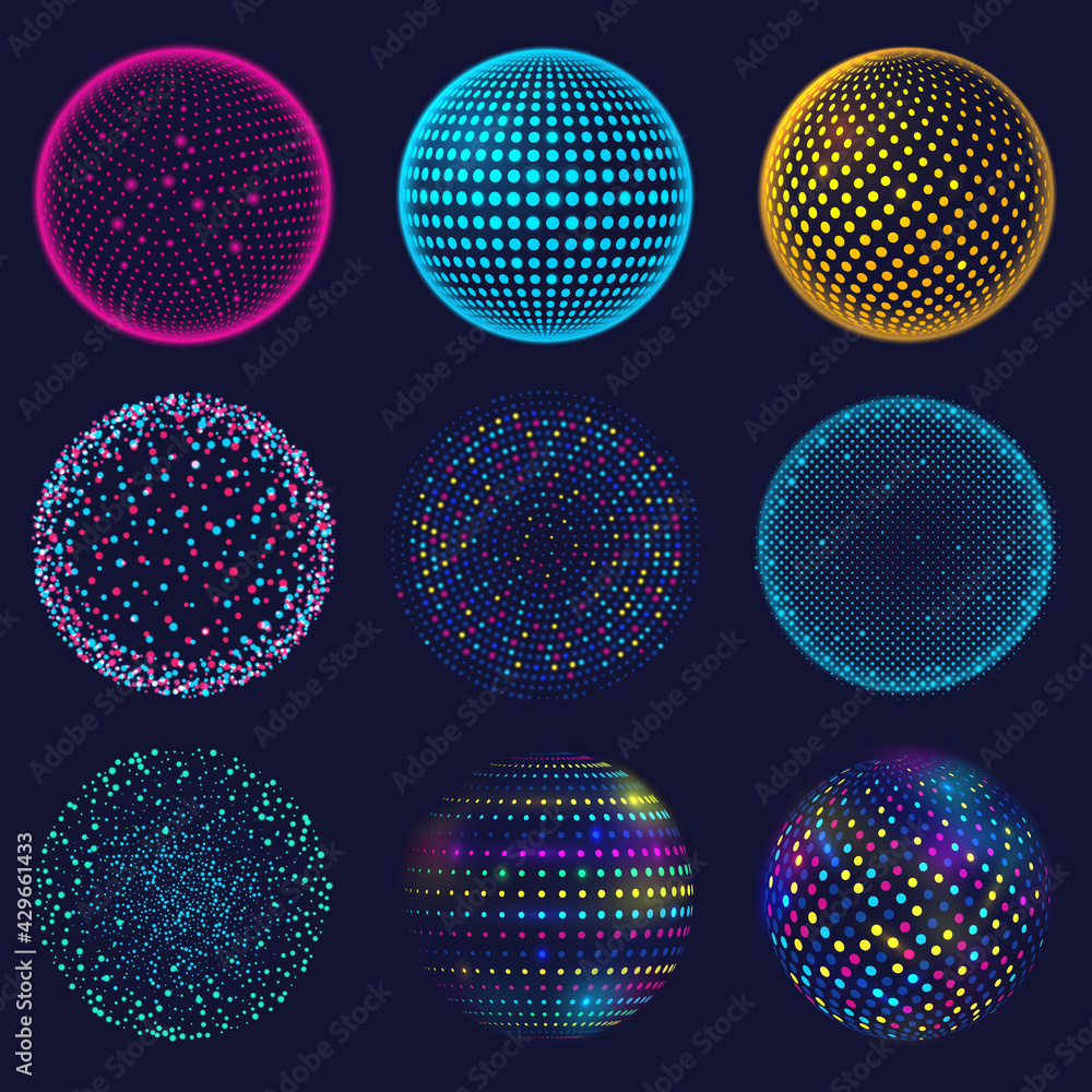 Dotted neon 3d sphere. Abstract atomic dotted spheres, 3d grid glowing spherical shapes vector illustration set. Digital neon sphere balls - obrazy, fototapety, plakaty 