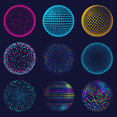 dotted neon 3d sphere. abstract atomic dotted spheres, 3d grid glowing spherical shapes vector illus