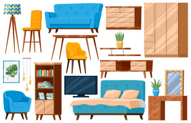 Cartoon furniture. Household furniture items, bed, sofa, armchair and cupboard isolated vector illustration set. Apartment interior furniture elements