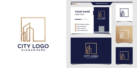 Wall Mural - City logo with line art style and business card design Premium Vector
