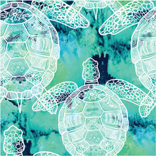 Seamless Pattern With Sea Turtles. Marine Life. Doodling, Mandala Pattern. Drawing By Hand. Stylish Background.