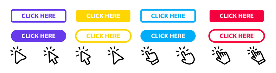 Click Here Button with hand or mouse cursor. Click button. Modern action button. Computer mouse cursor or hand pointer symbol. Set for button website design