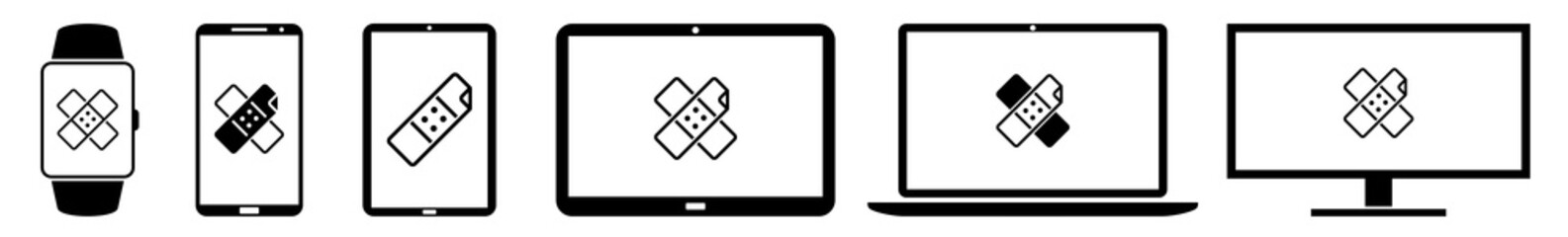 Wall Mural - display band aid plaster wound icon devices set | web screen care injury repair broken device online