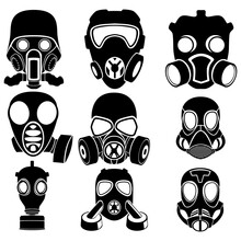 Images Of Nine Different Gas Masks Isolated On A White Background.