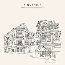 Vector Singapore Touristic Vacation Guide Illustration. Singapore Cityscape, Old Town Retro Poster. Artistic  Travel Sketch. Hand Drawn Vintage Touristic Postcard, Poster, Booklet Illustration
