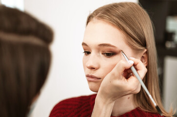 Wall Mural - makeup artist applies eyebrow shadow on a beautiful young woman blonde model, face make up concept