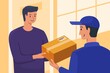 © Menara Grafis - Happy Customer Receive Online Shop Package from Fast Delivery Man at Home Door.