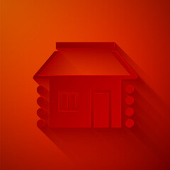 Sticker - Paper cut Old Ukrainian house hut icon isolated on red background. Traditional village house. Paper art style. Vector