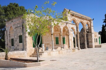 Mosque of Al-aqsa (Dome of the Rock) in Old Town. There are many historical buildings in the courtyard of Masjid Aksa Mosque. Jerusalem, Israel.