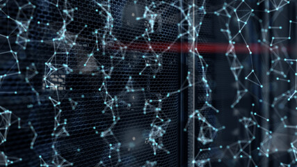 Wall Mural - global cyberspace big data futuristic design grid on server room blurred background.