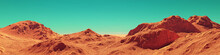 Mars Landscape Panorama, 3d Render Of Imaginary Mars Planet Terrain, Orange Desert With Mountains, Realistic Science Fiction Illustration.