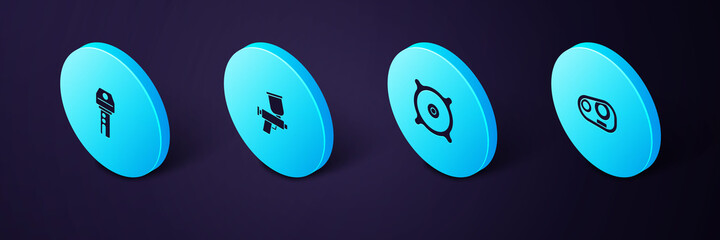 Sticker - Set Isometric Car headlight, audio speaker, Paint spray gun and key with remote icon. Vector