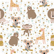 Jungle animals seamless pattern with a cute hippo, lion, monkey, koala and giraffe. Vector texture in childish style great for fabric and textile, wallpapers, backgrounds, cards design