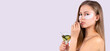 © Viorel - Banner, long format on grey background. Serious young blonde girl wrapped white towel with bare shoulders enjoying exotic cocktail from lemon and cucumbers while relaxing. Spa, beauty, detox concept