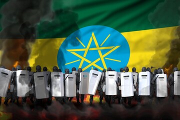 Ethiopia police guards in heavy smoke and fire protecting order against riot - protest stopping concept, military 3D Illustration on flag background