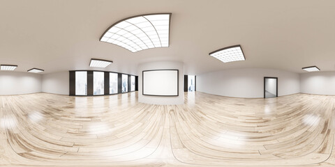 Wall Mural - 360 spherical panorama view of modern big white office with white board flip chart and windows and city view 3d render illustration