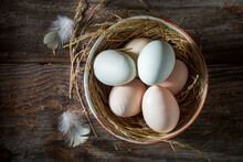 Ecological Free Range Eggs With Hay. Eggs From Free Range.