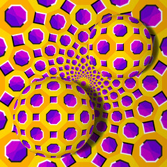 Wall Mural - yellow and purple background from octagons and squares with moving spheres. spin illusion.