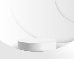 Poster - White product display mock up  with white abstract curve lines background. 3d podium. Vector illustration