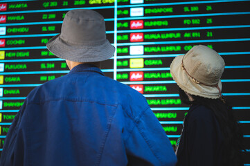 traveler couple person travel at aerodrome with baggage, journey vacation trip with man and woman, flight transportation arrival waiting in airport terminal