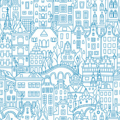  Blue Seamless pattern with Amsterdam canal and typical dutch houses, Holland, Netherlands.