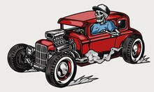 Skeleton Driving Red Hot Rod