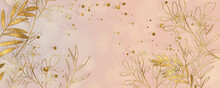 Aquarellzeichnung In Beige / Nude Farben Mit Bokehhintergund - Florale Elemente Mit Goldpartikeln Und Glanzeffekten Für Hintergundgestaltung 