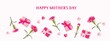 Happy Mothers day banner. Holiday design template with realistic pink carnation flowers, gift boxes and paper hearts on pink background. Vector stock illustration.