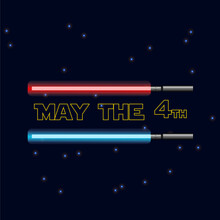 May The 4th Be With You. Vector Illustration With Glowing Swords And Stars.