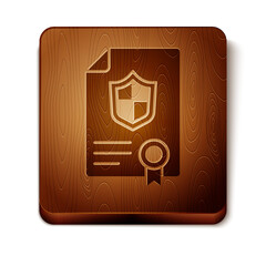 Canvas Print - Brown Contract with shield icon isolated on white background. Insurance concept. Security, safety, protection, protect concept. Wooden square button. Vector