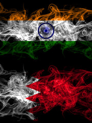 India, Indian vs Bahrain, Bahraini smoky mystic flags placed side by side. Thick colored silky abstract smoke flags.