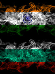 India, Indian vs Bulgaria, Bulgarian smoky mystic flags placed side by side. Thick colored silky abstract smoke flags.