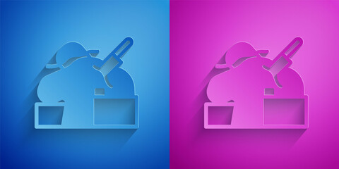 Poster - Paper cut Murder icon isolated on blue and purple background. Body, bleeding, corpse, bleeding icon. Concept of crime scene. Paper art style. Vector