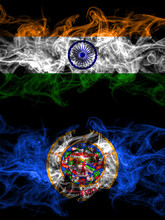 India, Indian Vs United States Of America, America, US, USA, American, Minnesota Smoky Mystic Flags Placed Side By Side. Thick Colored Silky Abstract Smoke Flags.