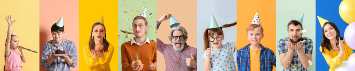 Cute little girl in party hat and with noise maker on color background