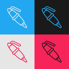 Sticker - Pop art line Fountain pen nib icon isolated on color background. Pen tool sign. Vector