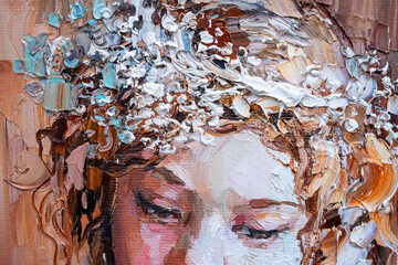  Fragment of a portrait of a young, dreamy girl . The oil painting is created in oil with expressive strokes.