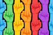 © vgorbash - Striped hand showing fist raised up. Gay rights concept. Realistic style vector illustration in rainbow colors. LGBT logo symbols stickers seamless pattern. Colorful pride design.