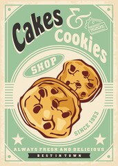 Wall Mural - Cakes and cookies retro poster. Cookies vector illustration. Vector flyer design with sweet chocolate cookies.