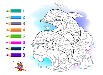 Wall Mural - Math education for little children. Coloring book. Mathematical exercises on addition and subtraction. Solve examples and paint the playing dolphins.  Developing counting skills. Worksheet for kids.