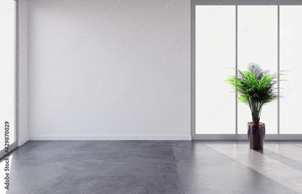 Idea of a white empty scandinavian room interior illustration 3D rendering with wooden floor and large wall and white - obrazy, fototapety, plakaty 