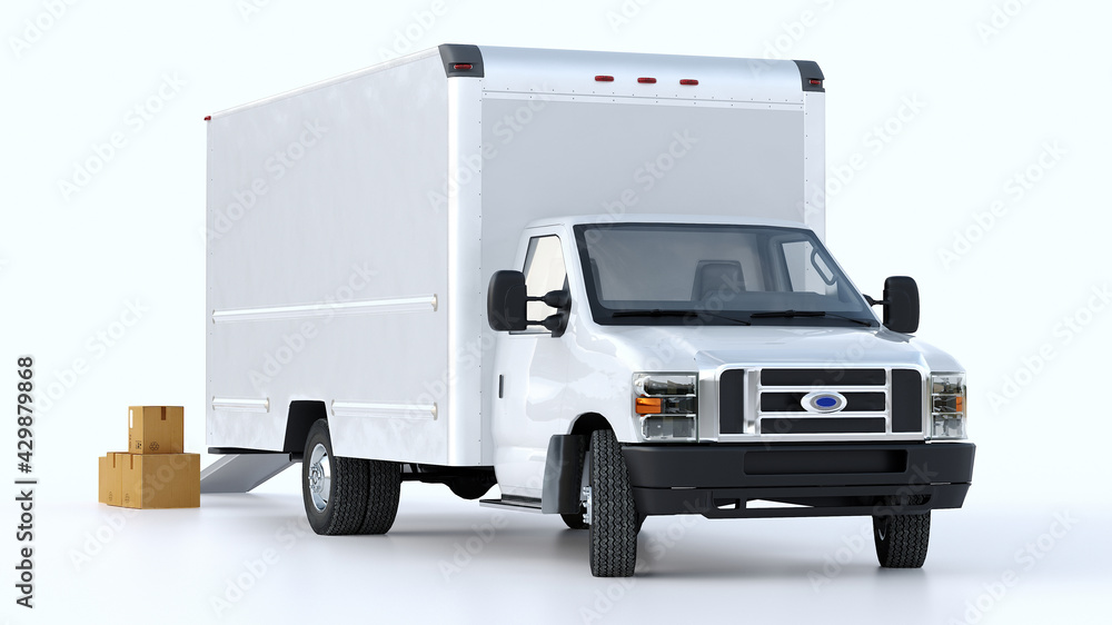A van with an open trunk and a lowered ramp on isolated background ...