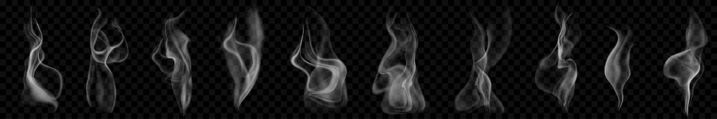 Set of several realistic transparent smoke or steam in white and gray colors, for use on dark background. Transparency only in vector format