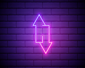 Wall Mural - Neon arrow sign. Glowing neon arrow pointer on brick wall background. Retro signboard with bright neon tubes. Vector