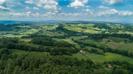 Wall Mural - Aerial view of green trees and agricultural fields under a cloudy sky