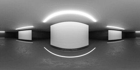Wall Mural - 360 panorama view of big dark industrial hall with white blank poster wall 3d render illustration