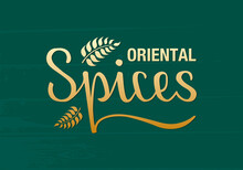 Vector Illustration Of Oriental Spices Lettering For Banner, Poster, Spice Shop Advertisement, Signage, Catalog, Product Design. Creative Handwritten Text With Floral Graphic Elements 
