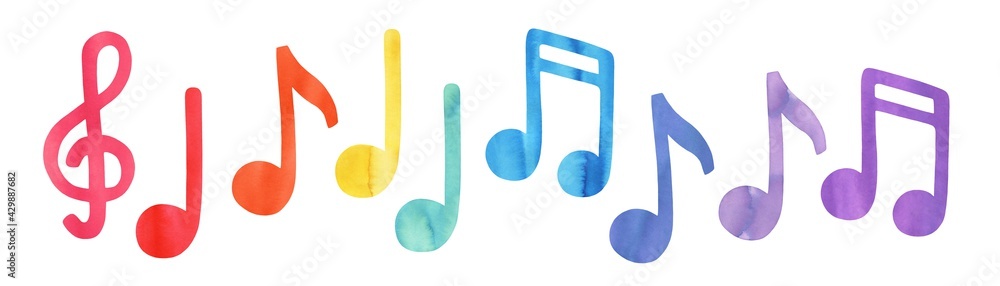Colourful music note symbols of different color: pink, red, orange, yellow, green, blue, cyan, purple, violet. Hand painted watercolour sketch, isolated clipart elements for design, pattern, stickers. - obrazy, fototapety, plakaty 