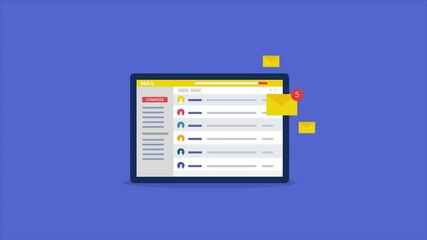 Email client software, inbox email message, email marketing application, web interface communication and information technology concept. Animation 4k video clip.