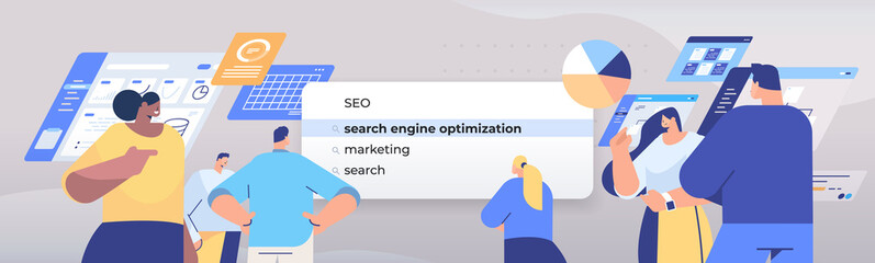 mix race people choosing seo in search bar on virtual screen search engine optimization internet networking concept
